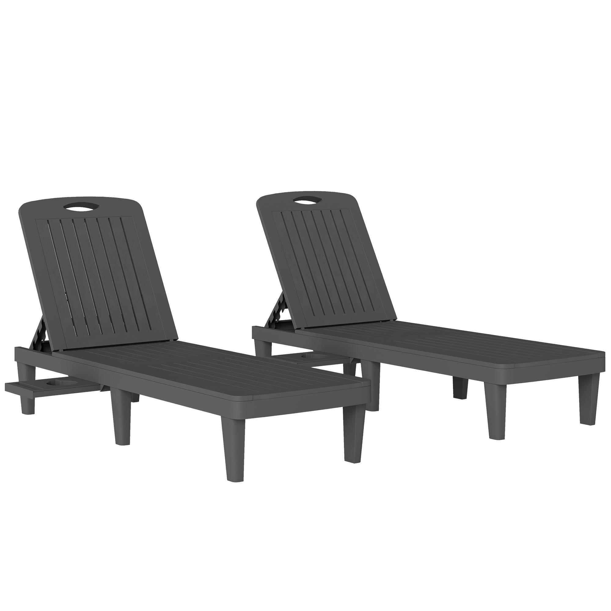 Conjunto de 2 Espreguiçadeiras Reclináveis de Plástico PP com Bandeja Lateral Encosto Ajustável em 5 Posições 192x57x28,5 cm Cinzento