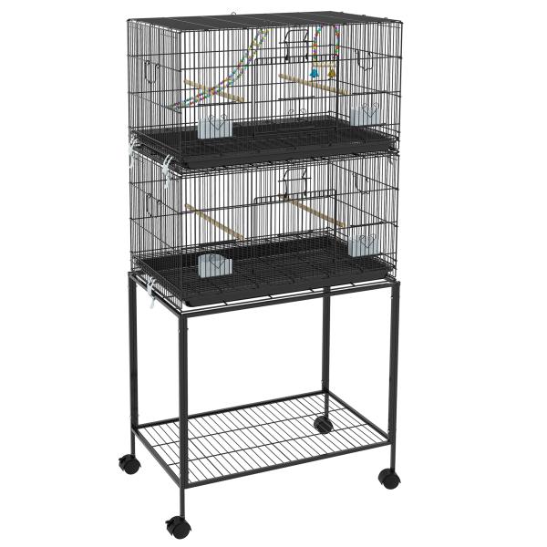 Gaiola Dupla e Empilhável para Pássaros 77x46x164 cm com Rodas Poleiros Bandeja Amovível Comedouros Baloiço e Escada Preto