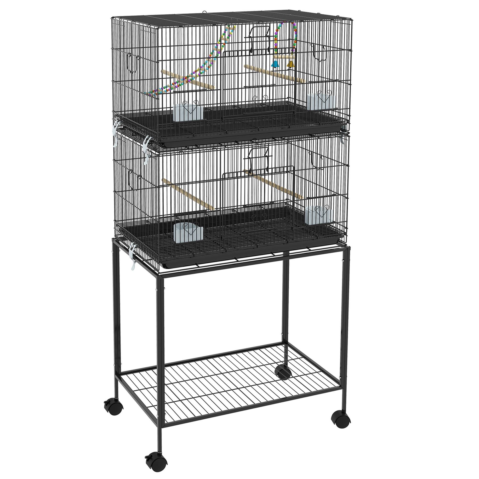 Gaiola Dupla e Empilhável para Pássaros 77x46x164 cm com Rodas Poleiros Bandeja Amovível Comedouros Baloiço e Escada Preto