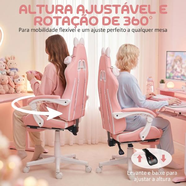 Cadeira Gaming com Orelhas Cadeira Gamer Reclinável com Altura Ajustável e Suporte Lombar 65x62x116 - 124 cm Rosa e Branco