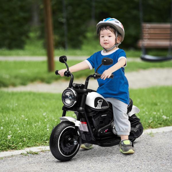 Motocicleta Elétrica para Crianças de 18 - 36 Meses com Bateria 6V Farol e Rodas Auxiliares Removíveis 76x42x57 cm Branca
