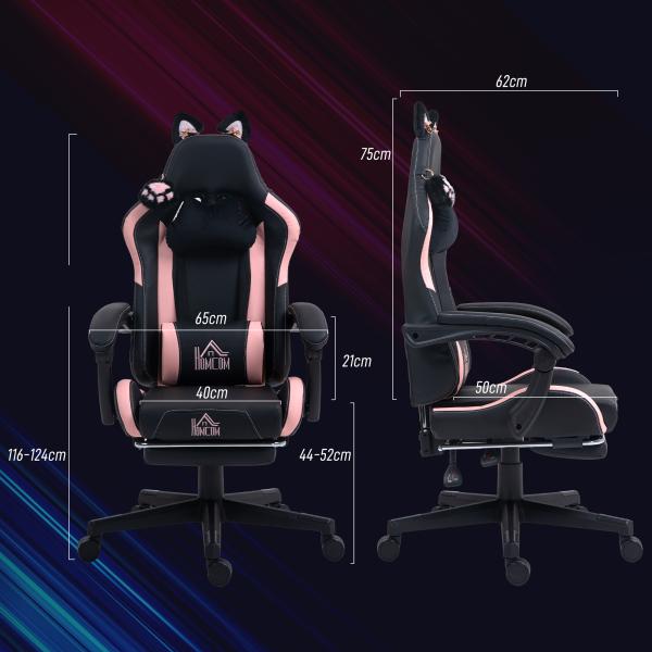 Cadeira Gaming com Orelhas Cadeira Gamer Reclinável com Altura Ajustável e Suporte Lombar 65x62x116 - 124 cm Preto e Rosa