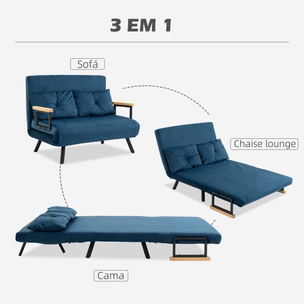 Sofá Cama Sofá Convertível em Cama de 2 Lugares Dobrável com Encosto Ajustável em 5 Níveis e 2 Almofadas 102x73x81 cm Azul