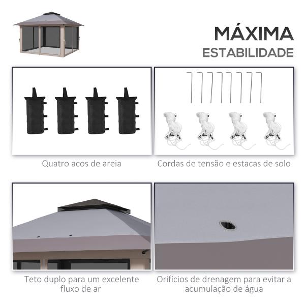 Tenda Dobrável Pop - up com Altura Ajustável Proteção UV50+ Telhado Duplo e Redes Mosquiteiras 4x4x2,8 m Cinzento Claro