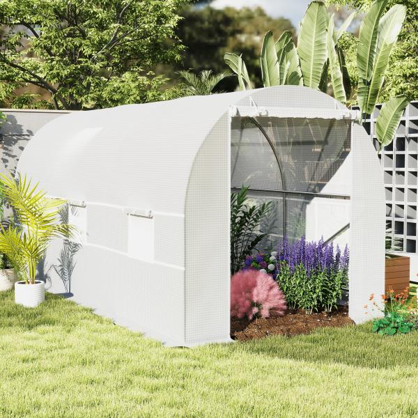 Estufa tipo Túnel 445x200x200 cm com Porta Enrolável e 6 Janelas Cobertura de PE 140 g/m² Anti - UV Branco