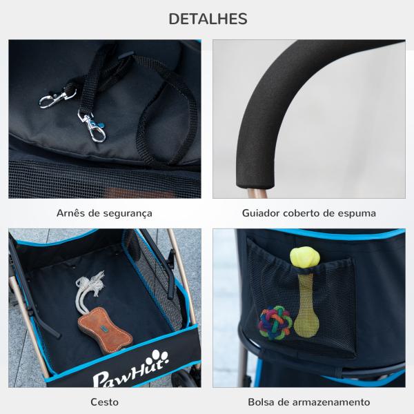 Carrinho para Animais de Estimação 3 em 1 Dobrável com Bolsa de Transporte Cesta de Armazenamento e Travão 82x49,5x98cm Azul