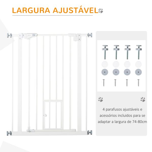 Barreira de Segurança para Cães Animais de Estimação 74 - 80cm para Escadas Portas e Corredores com Porta para Gatos Fechamento Automático e Sistema de Duplo Bloqueio Altura 91,4cm Branco