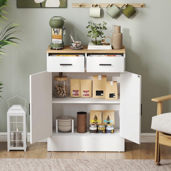 Aparador de Sala de Estar com 2 Gavetas e Prateleiras Ajustáveis 68,6x35x90,3 cm Branco e Madeira