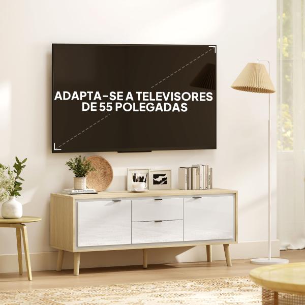 Móvel de TV Moderno para Sala com 2 Gavetas para Televisão 55 Polegadas 120x35x50 cm Branco Brilhante e Carvalho