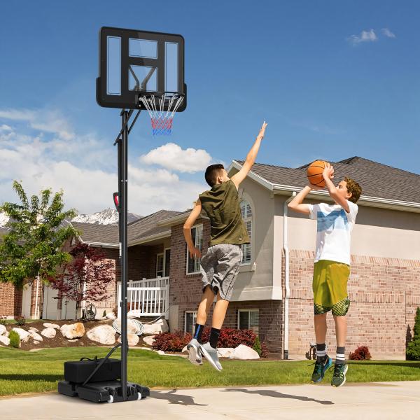 Tabela de Basquetebol de Exterior com Altura Ajustável Suporte Rodas Base Recarregável e Bolsa de Peso 90x60x305 cm Preto
