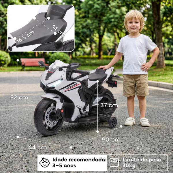 Mota Elétrica com Licença HONDA para Crianças de 3 - 5 Anos Mota a Bateria 6V com Farol Buzina Música 90x44x52cm Branco
