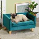 Sofá para Cães Pequenos 64x45x36 cm em Veludo com Almofada Lavável e Pés em Madeira de Bétula Azul Esverdeado