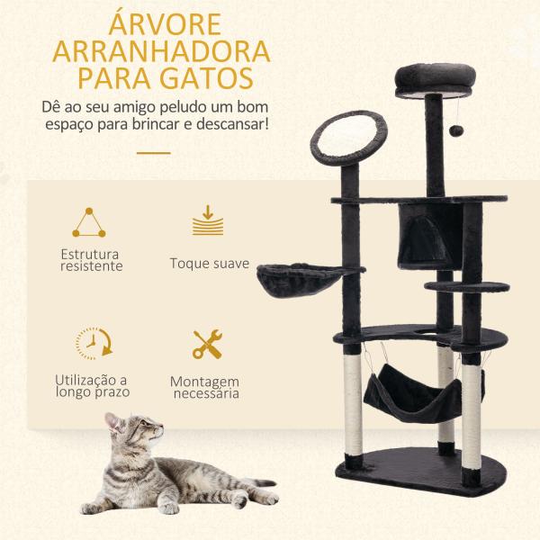 Árvore Arranhador para Gatos Grande Altura 153cm Torre de Escalada para Gatos com Caverna Redes Plataformas Postes Arranhadores de Sisal e Bola Suspensa Cinza Escuro