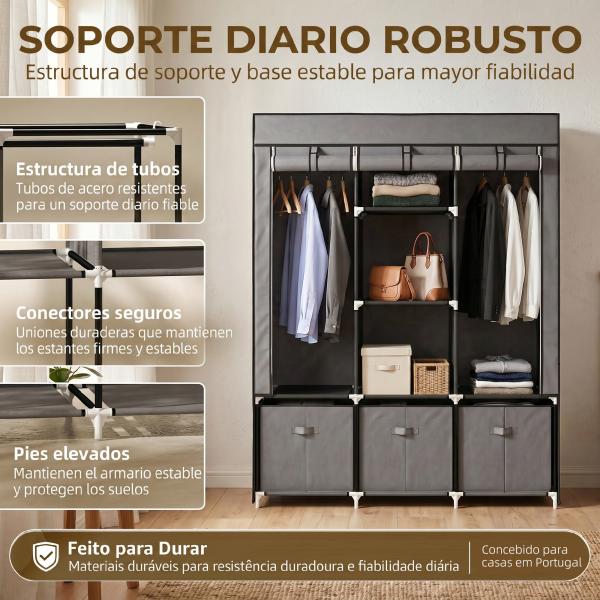Roupeiro de Tecido com 2 Varões 5 Prateleiras 3 Gavetas Fecho de Correr Estrutura de Aço 125x43x162,5 cm Cinzento