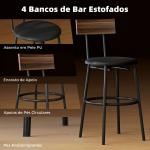 Conjunto de Mesa Alta de Bar com 4 Bancos, Assentos em PU com Encosto e Apoio para os Pés, Castanho