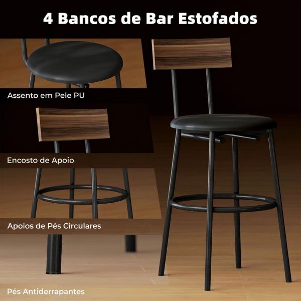 Conjunto de Mesa Alta de Bar com 4 Bancos, Assentos em PU com Encosto e Apoio para os Pés, Castanho