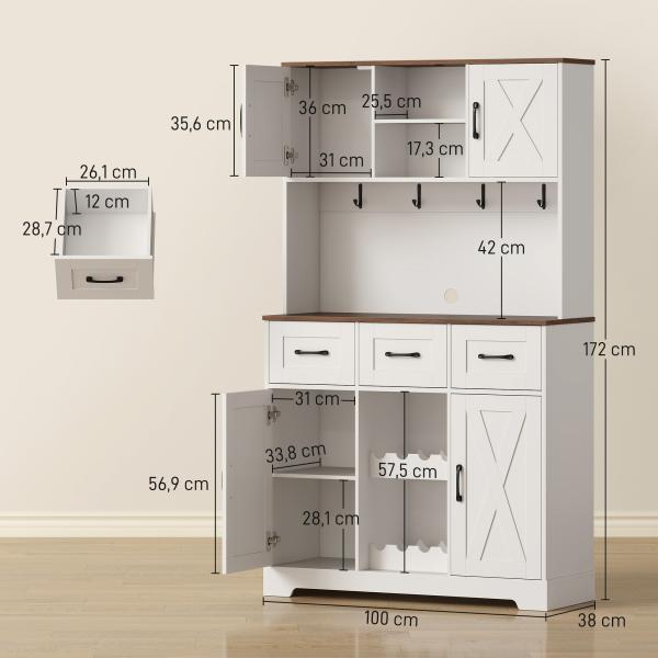 Amário de Cozinha Alto com Suporte para 8 Garrafas 4 Portas 3 Gavetas Prateleiras Abertas100x38x172 cm Branco