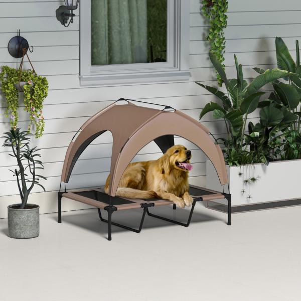 Cama para Cães Elevada com Toldo para Cães Médios com Estrutura de Aço e Bolsa de Transporte 106x76x94 cm Marrom Claro