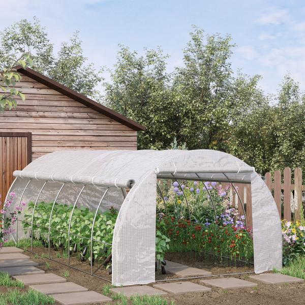 Estufa Tipo Túnel de Jardim 6x3x2m com Porta Enrolável 12 Janelas Cobertura de PE 140g/m² e Metal Galvanizado para Cultivos de Plantas Verduras Branco