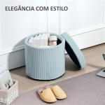 Puff de Arrumação Baú de Arrumação Redondo Estofado em Veludo Cotelê Tampa Removível Ø40x41 cm Azul Claro