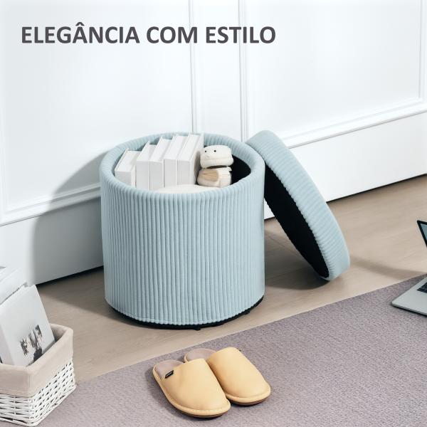 Puff de Arrumação Baú de Arrumação Redondo Estofado em Veludo Cotelê Tampa Removível Ø40x41 cm Azul Claro