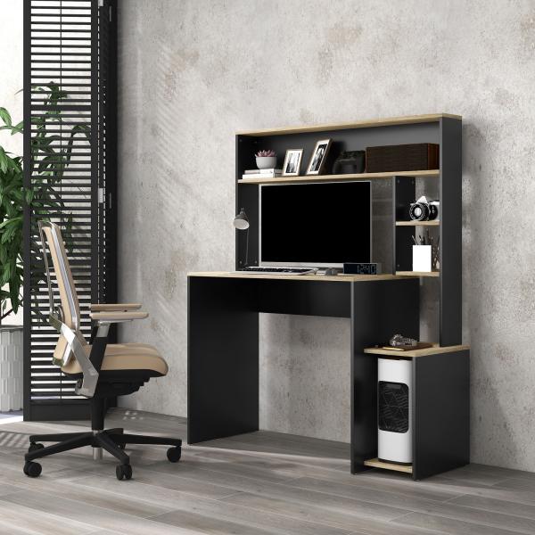 Secretária para Computador com Prateleira de 3 Níveis Mesa de Estudo com Suporte para CPU 114x45x138 cm Cinza e Natural