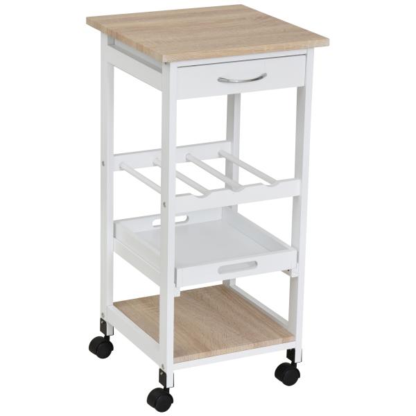 Carrinho de Cozinha com 4 Níveis com Rodas Prateleira Gaveta Bandeja 37x37x76 cm Branco