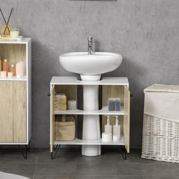 Móvel para Lavatório Pousar de Madeira com 2 Portas Prateleira e Pés de Aço 60x30x60cm Carvalho e Branco