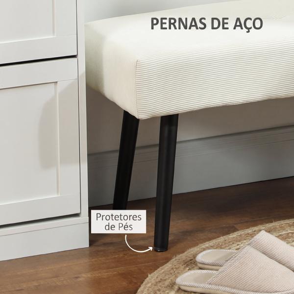 Banco de Pé de Cama em Bombazina com Assento Acolchoado, Design Capitoné e Pernas de Aço para Quarto Branco Creme