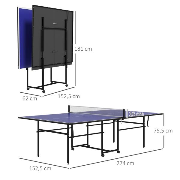 Mesa de Ping Pong Dobrável com 4 Rodas Rede 2 Raquetes e 3 Bolas para Interior e Exterior 274x152,5x75,5 cm Azul