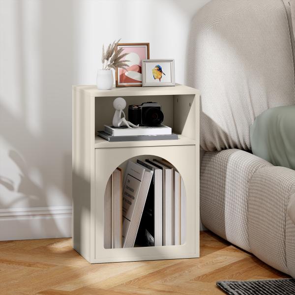 Mesa de Cabeceira Moderna Mesa de Cabeceira Estreita com 2 Compartimentos Abertos Desenho em Forma de Arco 40x30x60 cm Creme