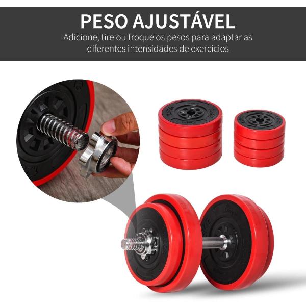 Conjunto de Halteres Ajustáveis HOMCOM 20 kg 2 em 1 — 8 Discos, 2 Barras e Extensor, Preto/Vermelho
