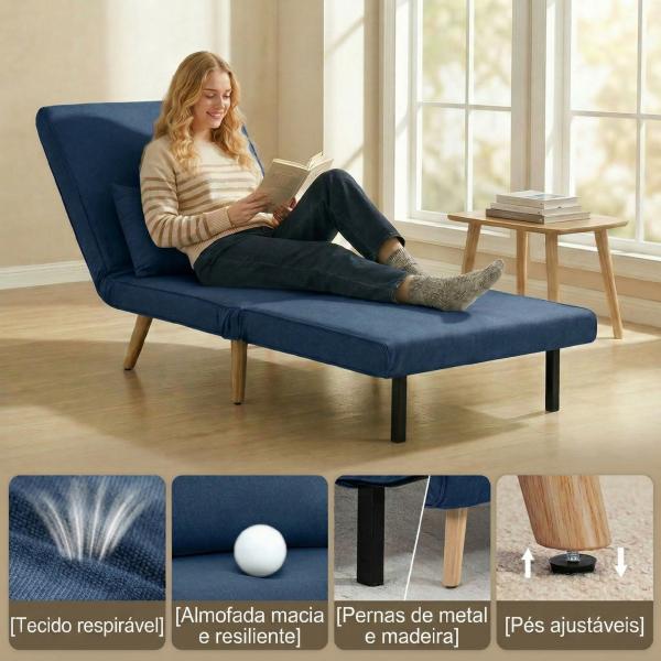 Sofá Cama Individual Estofado em Linho com Encosto Ajustável em 5 Posições e Almofada Sofá Cama Pequeno 72x75x85 cm Azul Escuro