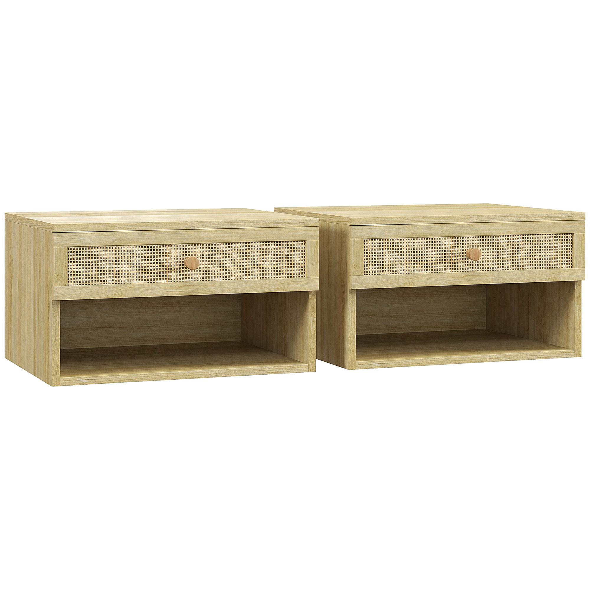 Conjunto de 2 Mesas de Cabeceiras Suspensas com Compartimento Aberto e Gaveta com Frente em Vime 40x34x23 cm Madeira