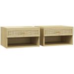 Conjunto de 2 Mesas de Cabeceiras Suspensas com Compartimento Aberto e Gaveta com Frente em Vime 40x34x23 cm Madeira