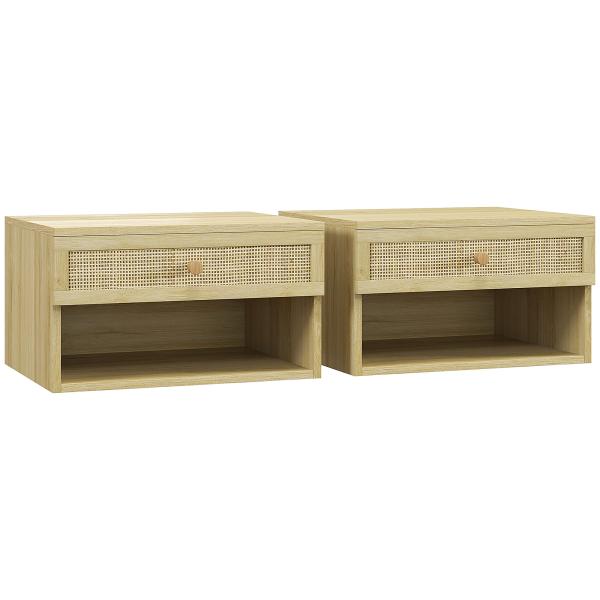 Conjunto de 2 Mesas de Cabeceiras Suspensas com Compartimento Aberto e Gaveta com Frente em Vime 40x34x23 cm Madeira