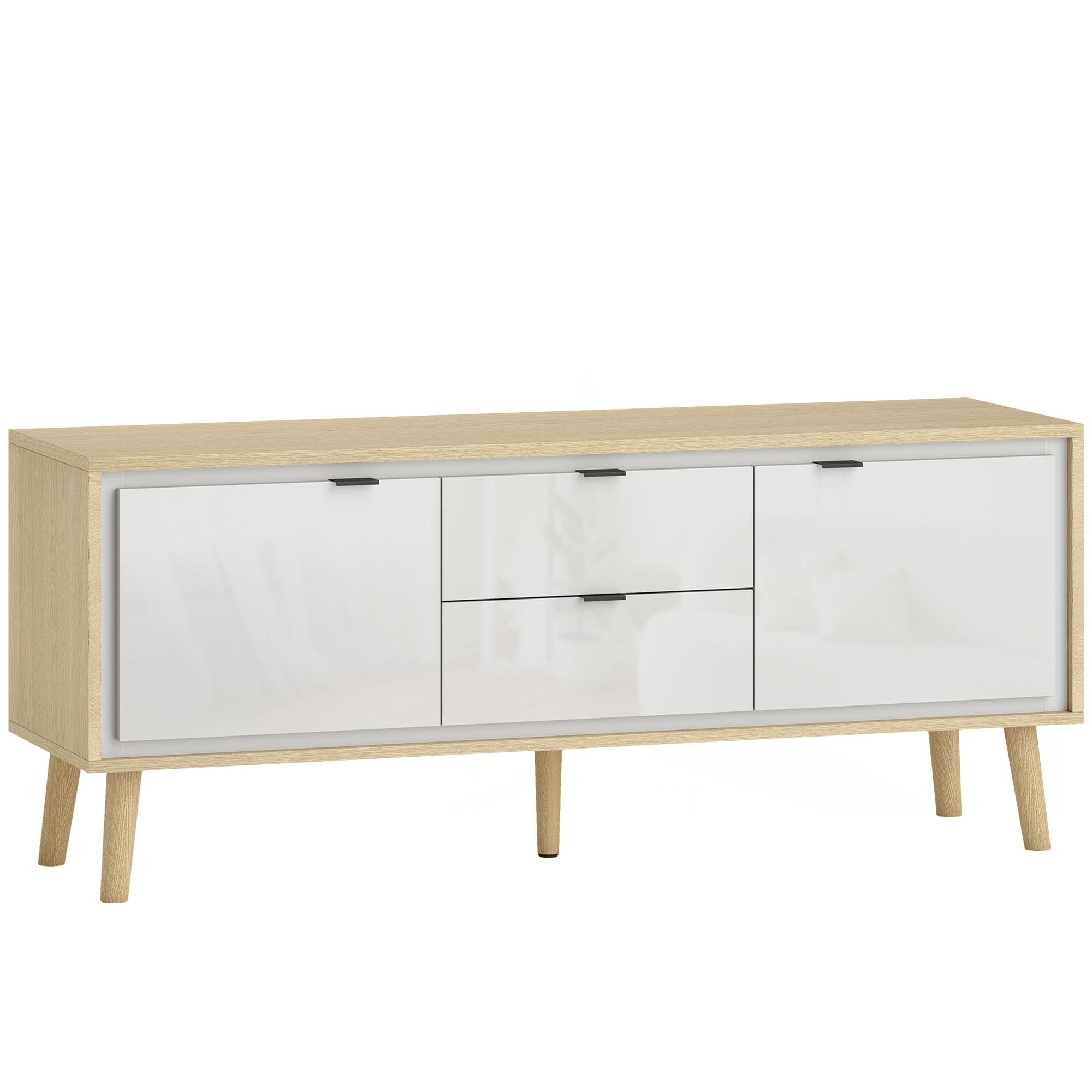 Móvel de TV Moderno para Sala com 2 Gavetas para Televisão 55 Polegadas 120x35x50 cm Branco Brilhante e Carvalho