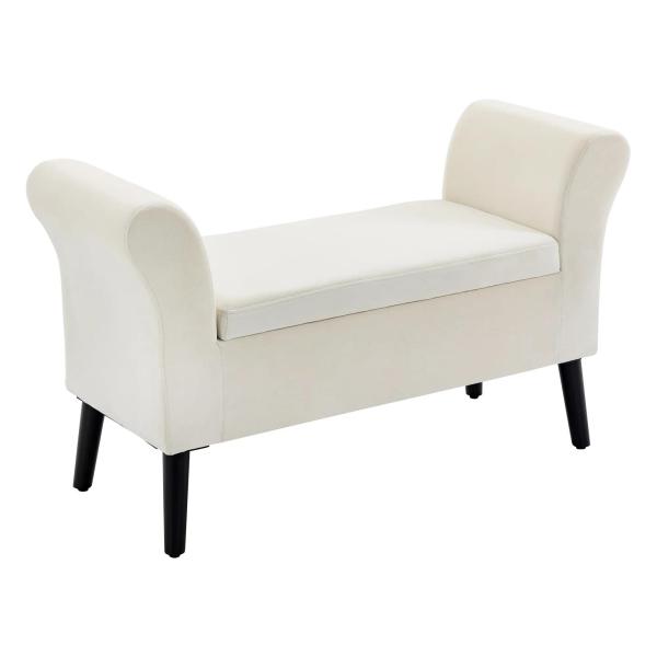 Banco para Pé de Cama Estofado em Veludo Banco de Armazenamento Acolchoado com Tampa Apoio para os Braços Pés de Madeira para Dormitório Sala de Estar 111,5x41x65cm Branco Creme