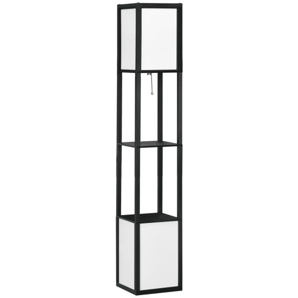 Candeeiro de Pé de Madeira com Prateleira Suporte para Lâmpada E27 Candeeiro Moderno 26x26x156 cm Preto e Branco
