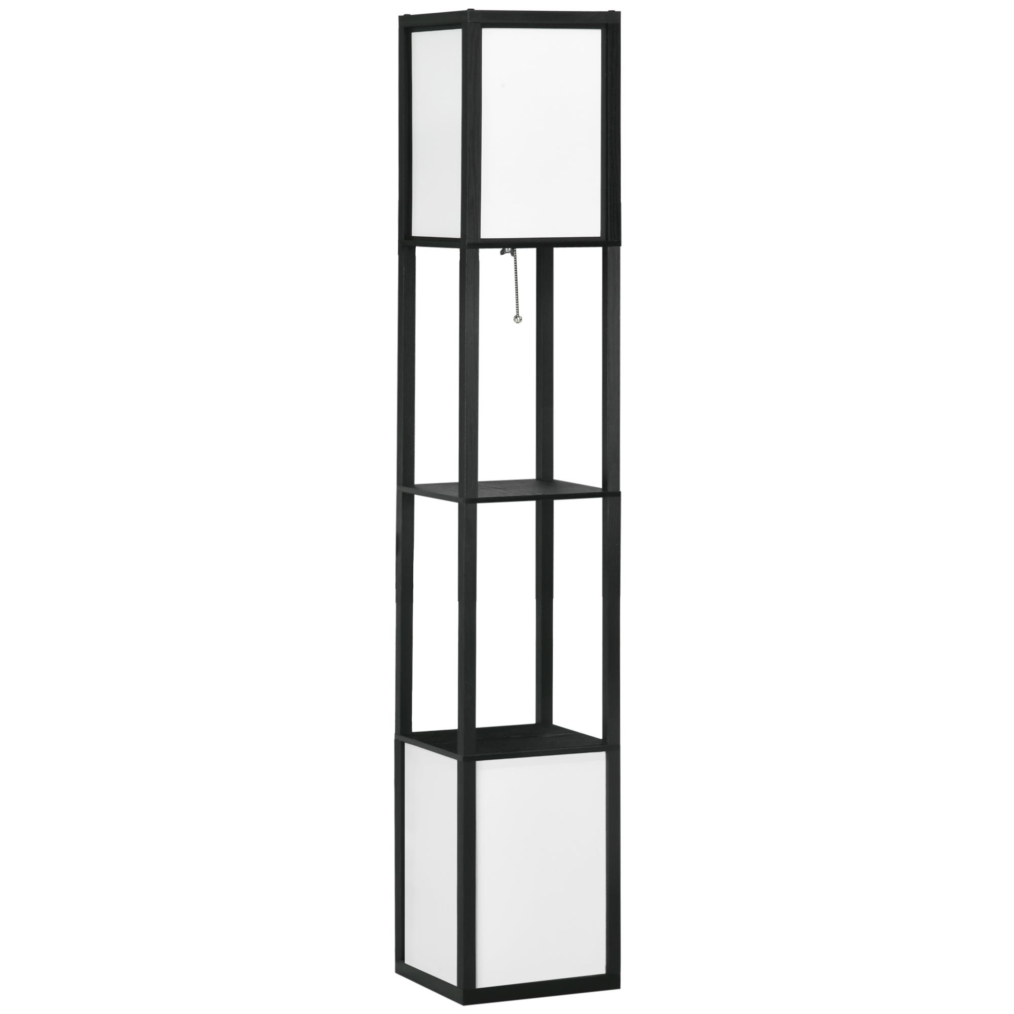 Candeeiro de Pé de Madeira com Prateleira Suporte para Lâmpada E27 Candeeiro Moderno 26x26x156 cm Preto e Branco