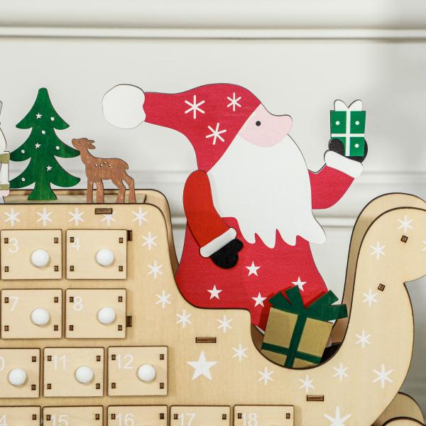 Calendário do Advento de Madeira com 24 Gavetas Decorado com Pai Natal no Trenó Decoração de Natal 22,5x8x36 cm Madeira
