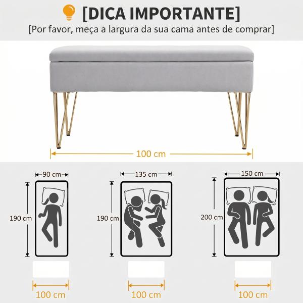 Banco para o Pé da Cama Estofado em Tecido Sintético com Pernas de Aço e Assento Acolchoado Cinzento Claro