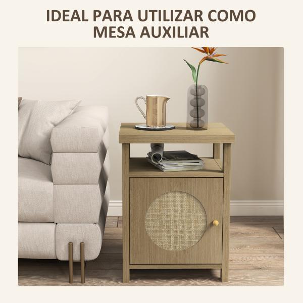 Mesa de Cabeceira com Porta de Vime Prateleira Aberta e Compartimento 40x35x55 cm Madeira
