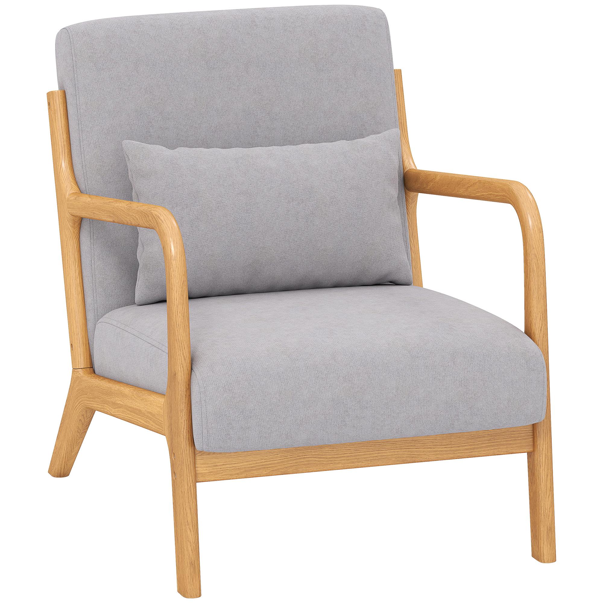 Poltrona Sala de Estar Nórdica Acolchoada com Apoio para os Braços e Estrutura de Madeira de Borracha 61x78x76 cm Cinza