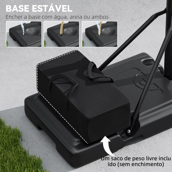 Tabela de Basquetebol de Exterior com Altura Ajustável Suporte Rodas Base Recarregável e Bolsa de Peso 90x60x305 cm Preto