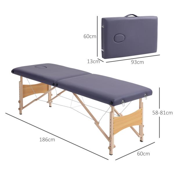 Marquesa de Massagem Dobrável com Estrutura de Madeira Altura Regulável e Bolsa de Transporte 186x60x61 - 87 cm Roxo