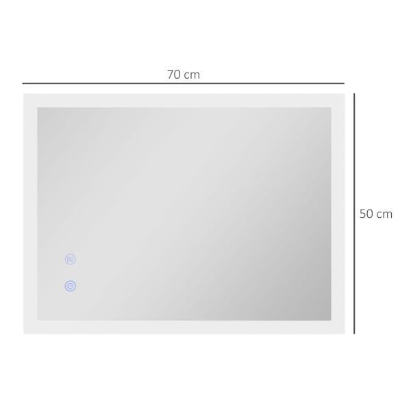 Espelho Casa de Banho com Luzes LED 70x50 cm Função Antiembaciamento 3 Cores Função de Memória e Interruptor Tátil Prata