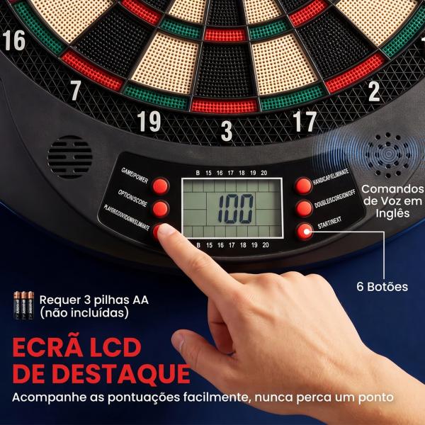 Alvo Eletrónico com 6 Dardos e 30 Pontas, Ecrã LCD, 26 Jogos e 185 Variações, para 8 Jogadores