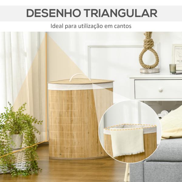 Cesto de Roupa de Bambu Capacidade de 55L Cesto para Roupa Suja com Tampa e Bolsa Amovível 38x38x57cm Madeira