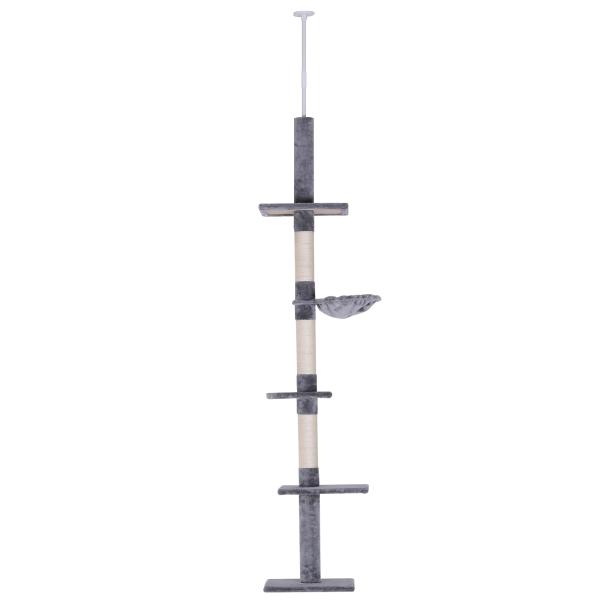 Árvore Arranhadora para Gatos Arranhador para Fixar ao Teto Altura Ajustável com Plataformas Poste de Sisal 40x34x230 - 260cm Cinza